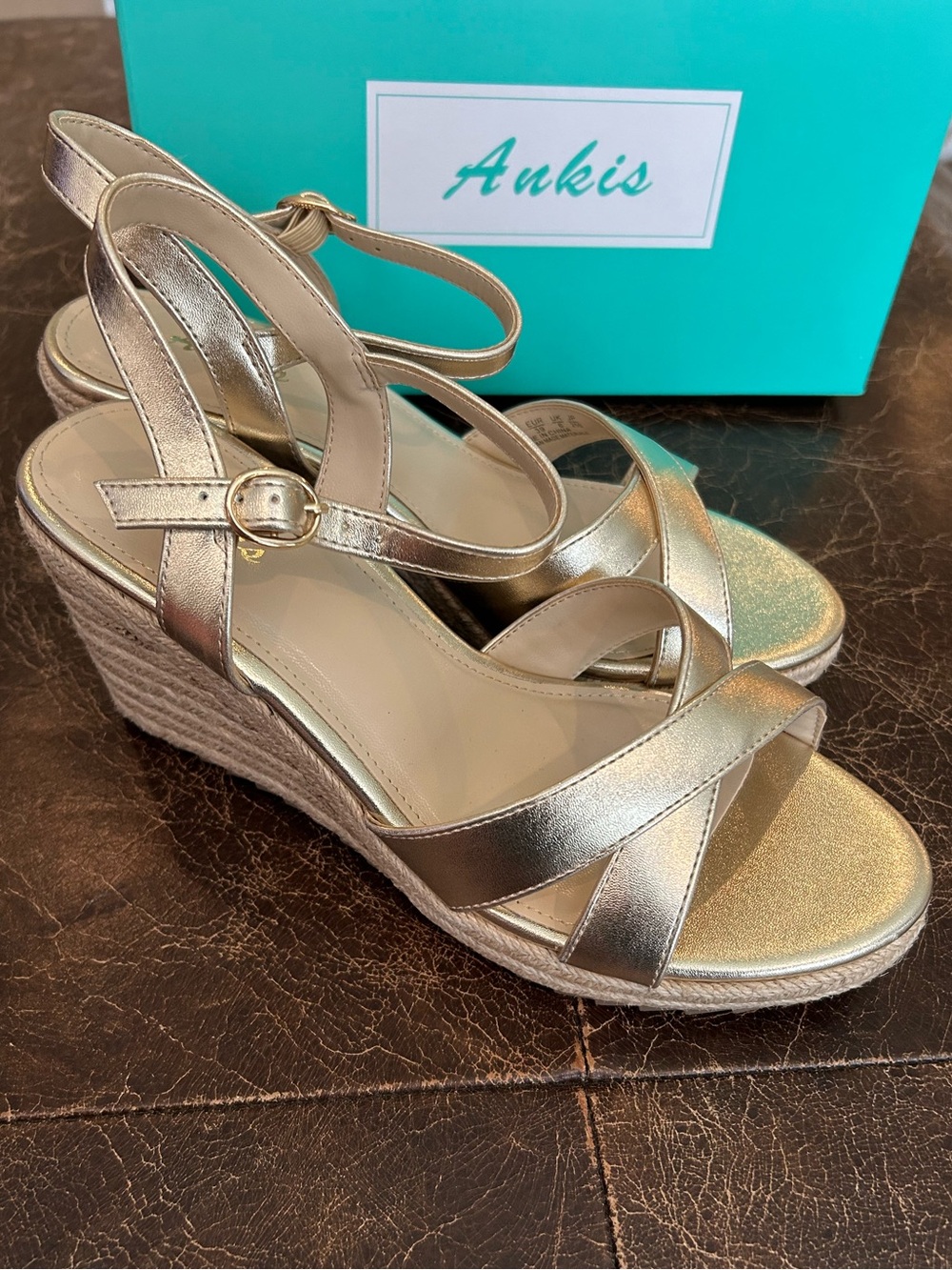 Ankis Metallic Gold Crisscross Straps Ankle Buckle Espadrille-Style Wedge Sandal